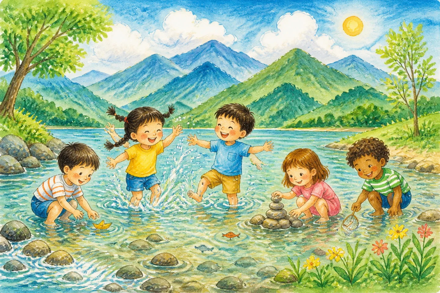 歡迎光臨水中月民宿－孩童在山水間嬉戲的水彩畫
